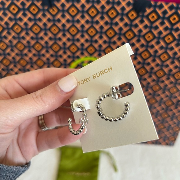 Tory Burch Beaded Small Hoop Earrings Huggie Earrings Silver - Picture 2 of 4